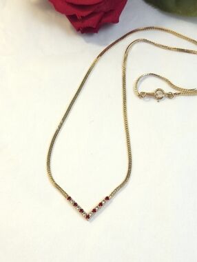 Vintage Avon 14K GF Ruby & Crystal V Necklace 1/20 14K GF Ruby Crystal Necklace